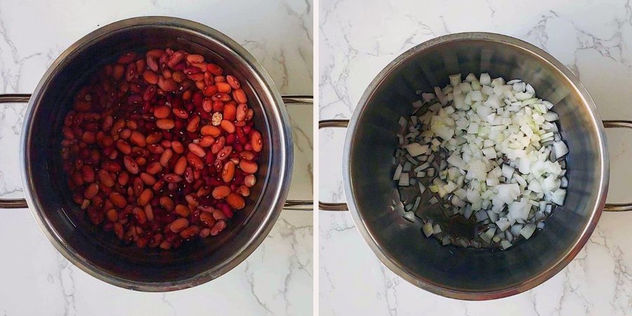 اضافه کردن لوبیا و سرخ کردن پیاز