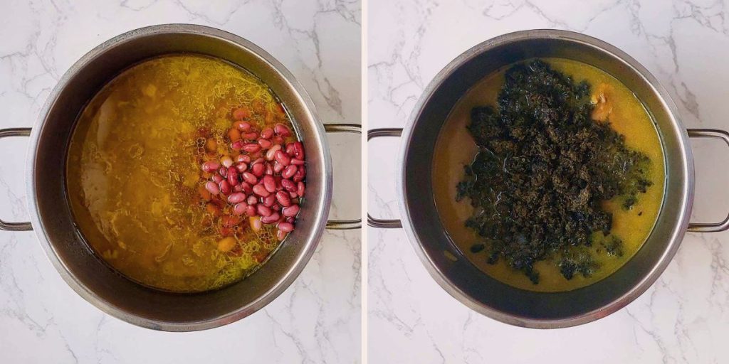 اضافه کردن سبزی و لوبیا به خورشت