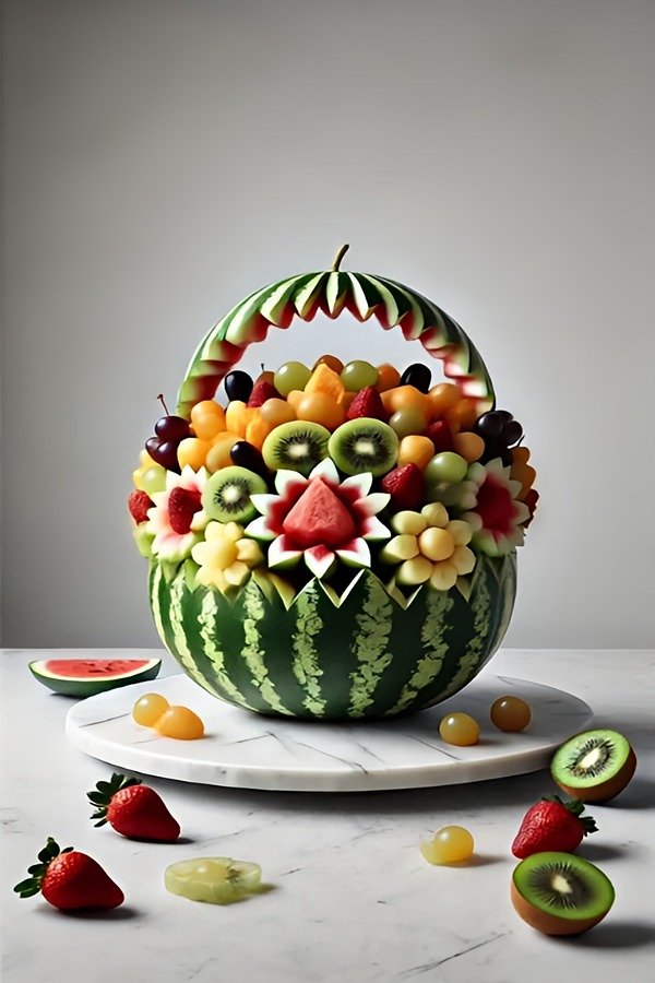 تزیین هندوانه به شکل سبد میوه ساده