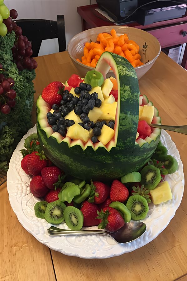 تزیین هندوانه شب یلدا به شکل سبد میوه