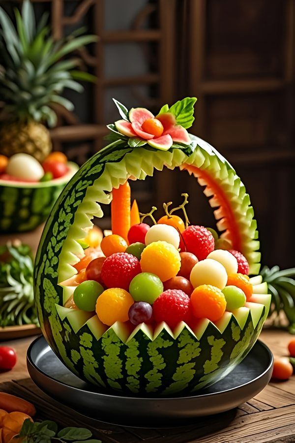 تزیین هندوانه به شکل سبد میوه ساده